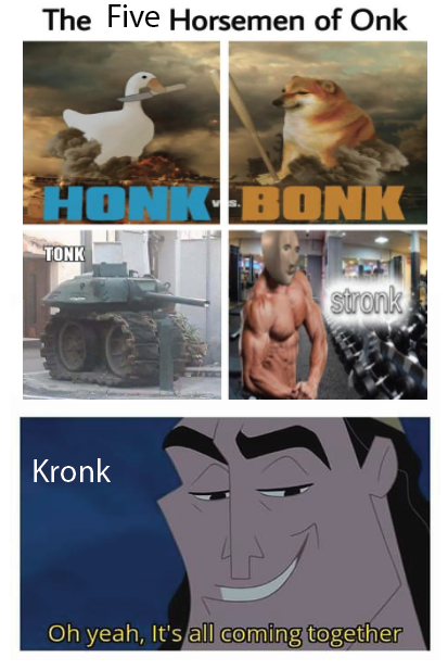 photo caption - The Five Horsemen of Onk Honk Bonk Tonk Be stronk Kronk Oh yeah, It's all coming together