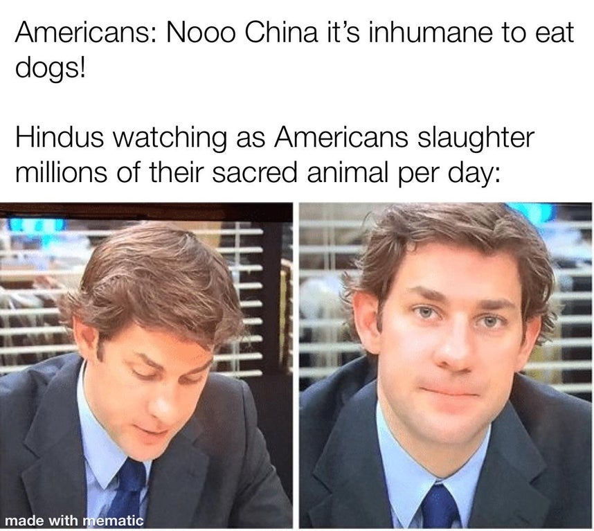 office memes - Americans Nooo China it's inhumane to eat dogs! Hindus watching as Americans slaughter millions of their sacred animal per day made with mematic