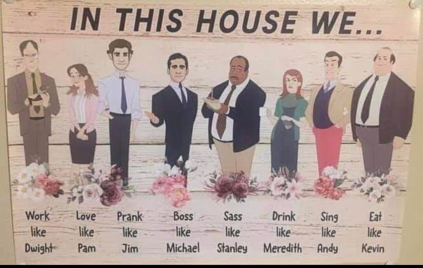 office in this house poster - In This House We... Work Dwight Love Pam Prank Jim Boss Michael Sass Drink Sing Stanley Meredith Andy Eat Kevin