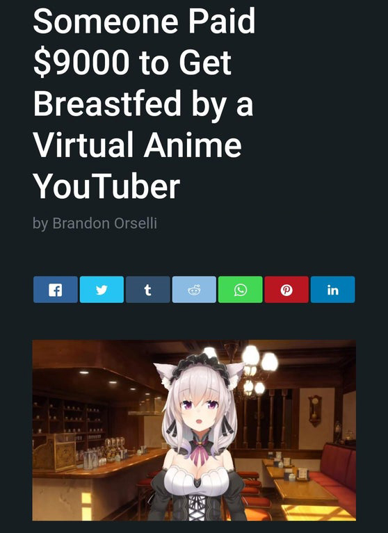 cartoon - Someone Paid $9000 to Get Breastfed by a Virtual Anime YouTuber by Brandon Orselli f t P in