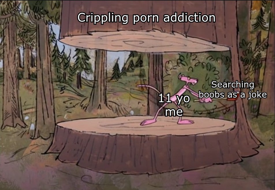 cartoon - Crippling porn addiction co Mo Searching boobs as a joke 11 yo me