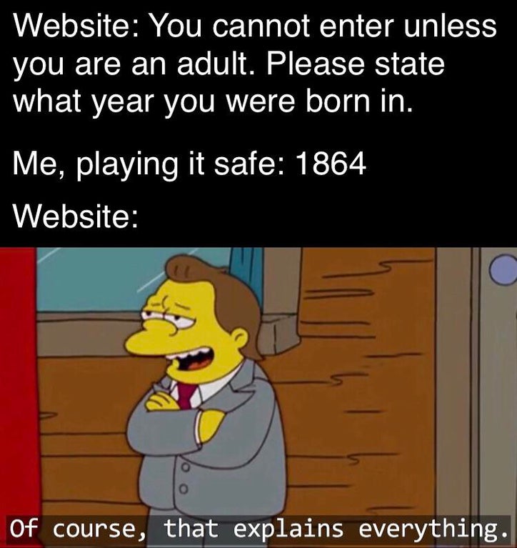 Animation - Website You cannot enter unless you are an adult. Please state what year you were born in. Me, playing it safe 1864 Website Of course, that explains everything.