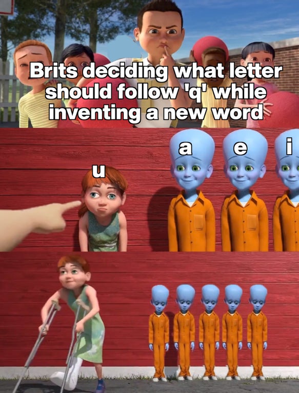 megamind meme template - Brits deciding what letter I should 'q' while inventing a new word a i