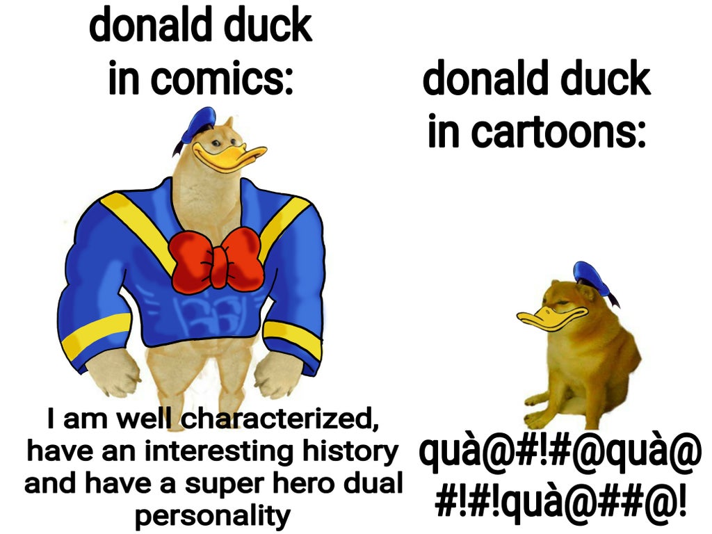 beak - donald duck in comics donald duck in cartoons so I am well characterized, have an interesting history qu@##@ and have a super hero dual ##!qu@##@! personality