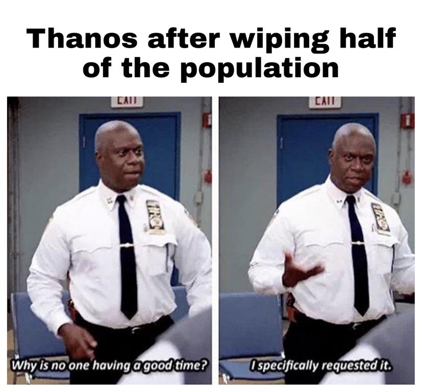 specifically requested it meme - Thanos after wiping half of the population Cant Call Why is no one having a good time? I specifically requested it.
