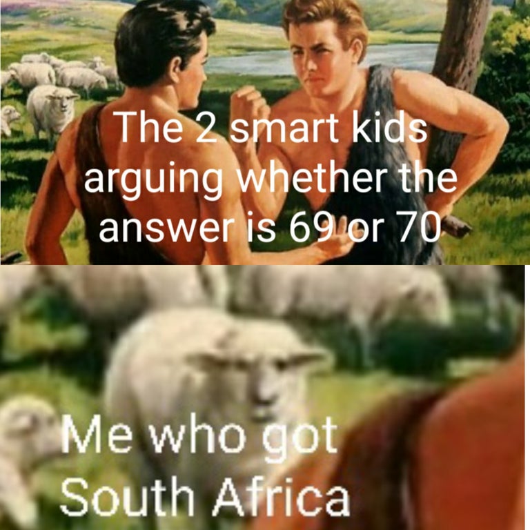 cain and abel funny - The 2 smart kids arguing whether the answer is 69 or 70 Me who got South Africa
