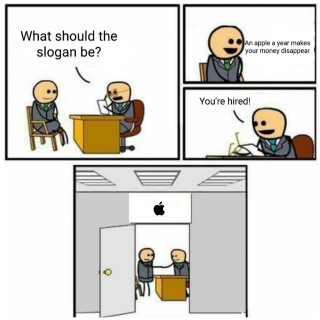 interview meme template - What should the slogan be? An apple a year makes your money disappear You're hired!