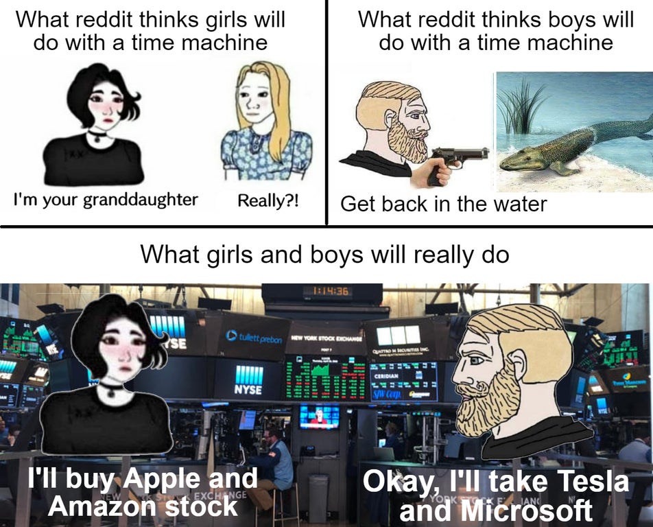 funny memes and dank memes - cartoon - What reddit thinks girls will do with a time machine What reddit thinks boys will do with a time machine I'm your granddaughter Really?! Get back in the water What girls and boys will really do 36 Se tuliett prebon N