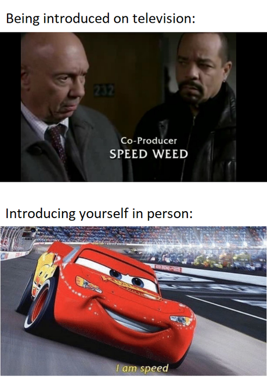Being introduced on television CoProducer Speed Weed Introducing yourself in person I am speed