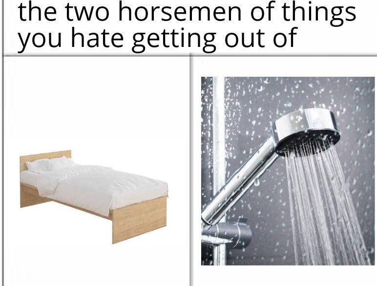funny memes - Shower bed - the two horsemen of things you hate getting out of
