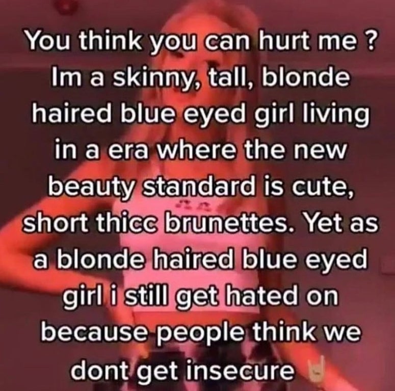 love - You think you can hurt me? Im a skinny, tall, blonde haired blue eyed girl living in a era where the new beauty standard is cute, short thicc brunettes. Yet as a blonde haired blue eyed girl i still get hated on because people think we dont get ins
