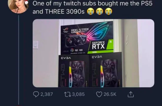 one of my twitch subs bought me - One of my twitch subs bought me the PS5 and Three 3090s Rog Strix Gang Geforce Rtx Evsa Evga 2,387 123,085
