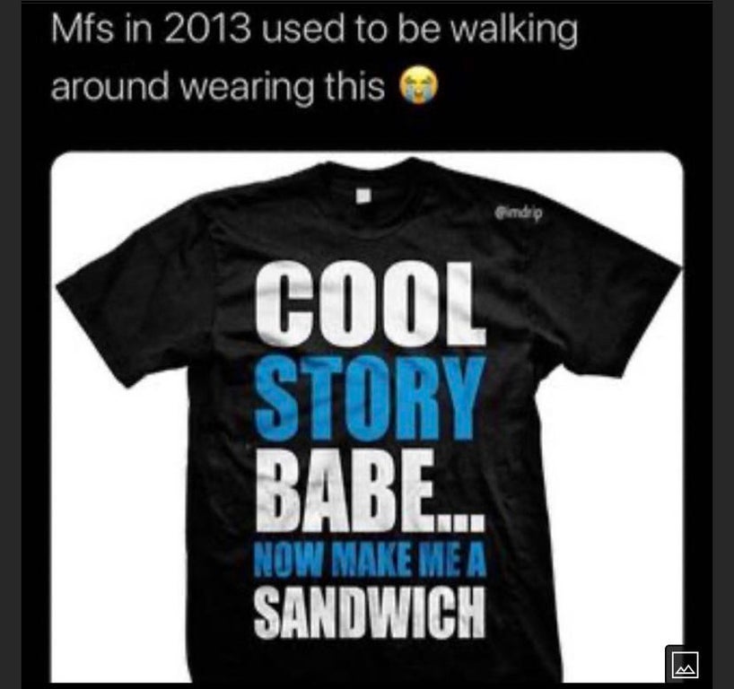t shirt - Mfs in 2013 used to be walking around wearing this Endrip Cool Story Babe... Now Make Me A Sandwich Ib