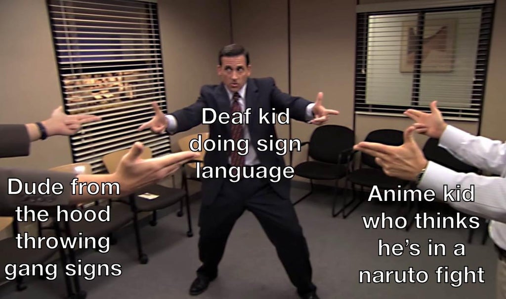 photo caption - Deaf kid doing sign Tanguage Dude from the hood throwing gang signs Anime kid who thinks he's in a naruto fight