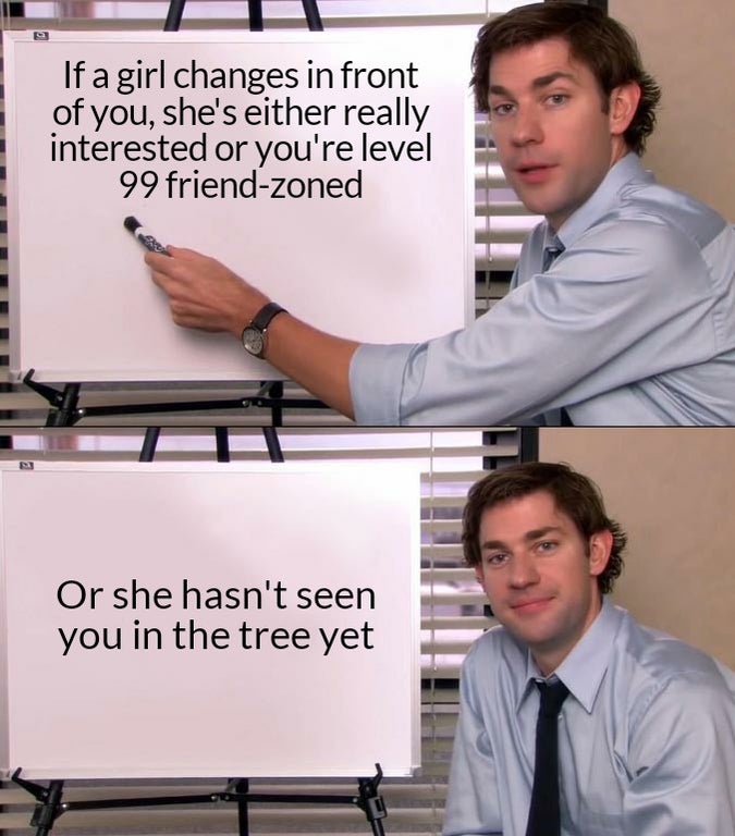 office quotes - If a girl changes in front of you, she's either really interested or you're level 99 friendzoned Or she hasn't seen you in the tree yet