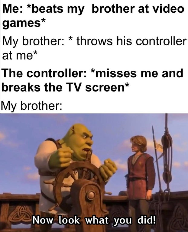 cartoon - Me beats my brother at video games My brother throws his controller at me The controller misses me and breaks the Tv screen My brother Now look what you did!