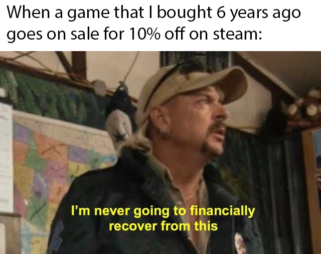 am never going to financially recover - When a game that I bought 6 years ago goes on sale for 10% off on steam I'm never going to financially recover from this