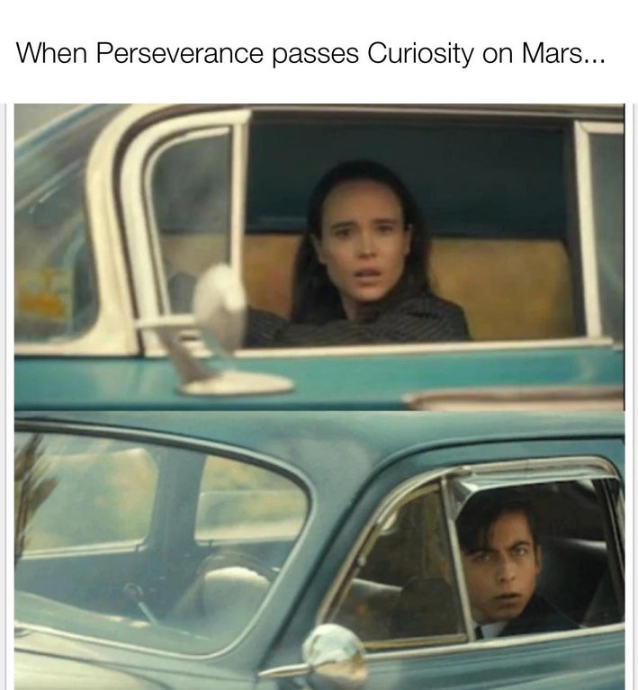 vanya and five meme template - When Perseverance passes Curiosity on Mars...