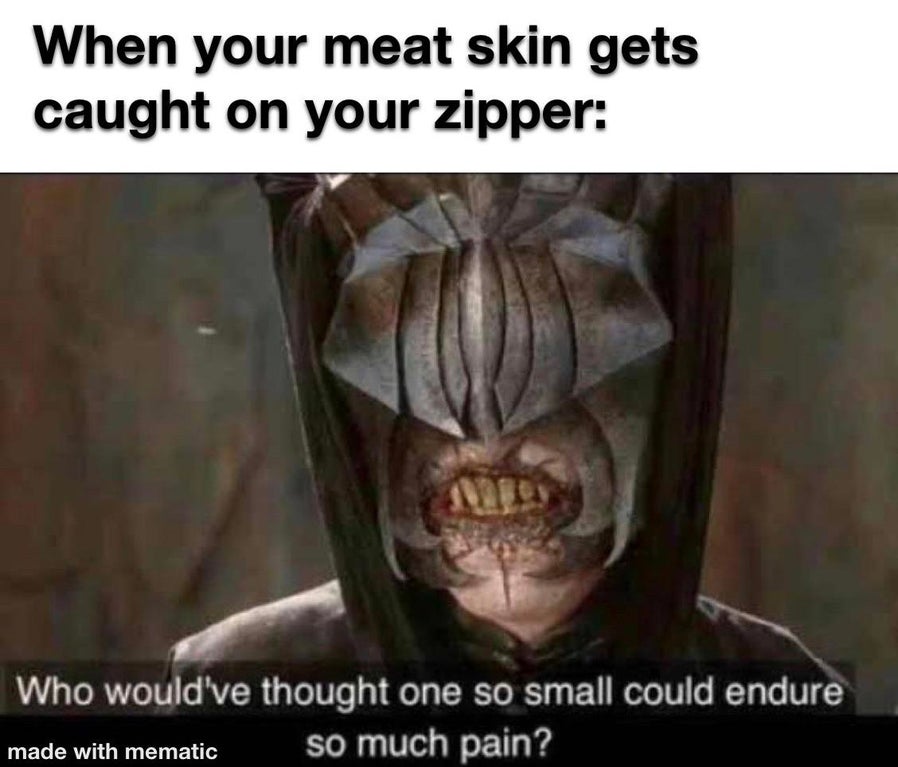 photo caption - When your meat skin gets caught on your zipper Mes Who would've thought one so small could endure so much pain? made with mematic