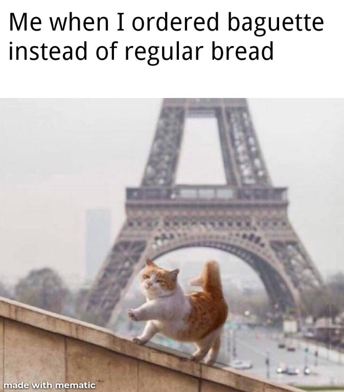 eiffel tower - Me when I ordered baguette instead of regular bread made with mematic