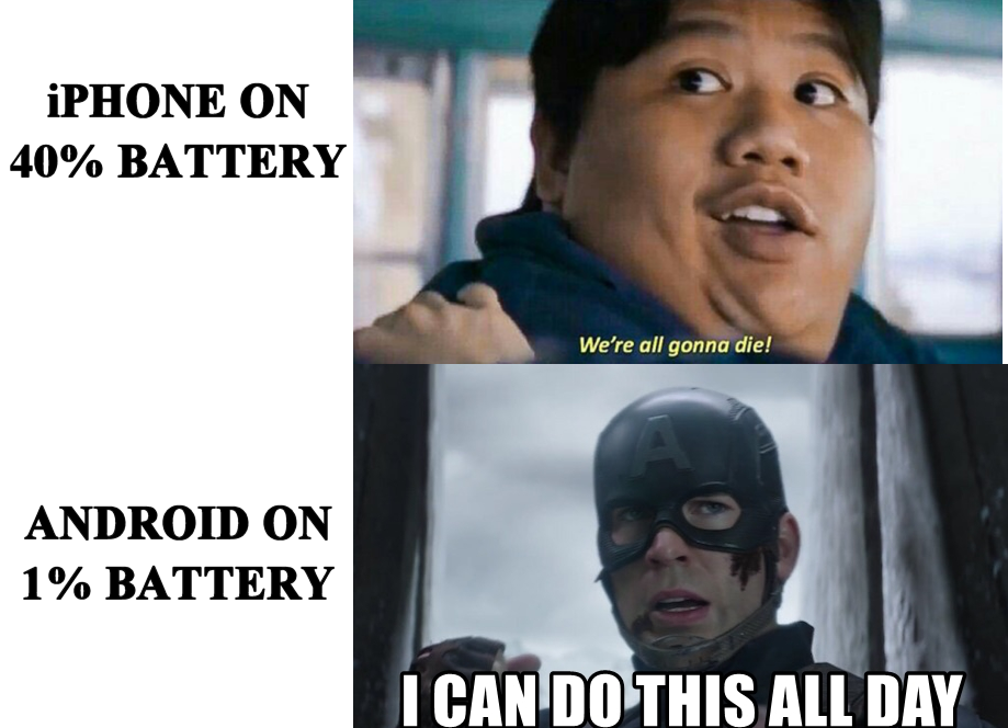 were all gonna die meme - iPHONE On 40% Battery We're all gonna die! Android On 1% Battery I Can Do This All Day