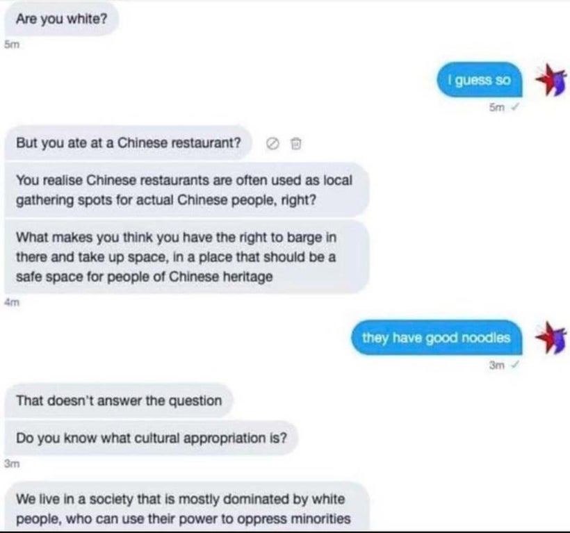 karens in restaurants - Are you white? 5m I guess So 5m But you ate at a Chinese restaurant? You realise Chinese restaurants are often used as local gathering spots for actual Chinese people, right? What makes you think you have the right to barge in ther