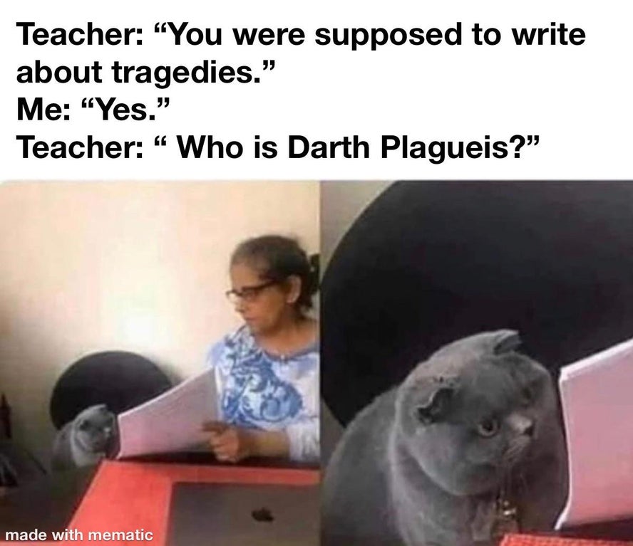 teacher cat meme why did you write - Teacher "You were supposed to write about tragedies." Me "Yes." Teacher Who is Darth Plagueis?" made with mematic