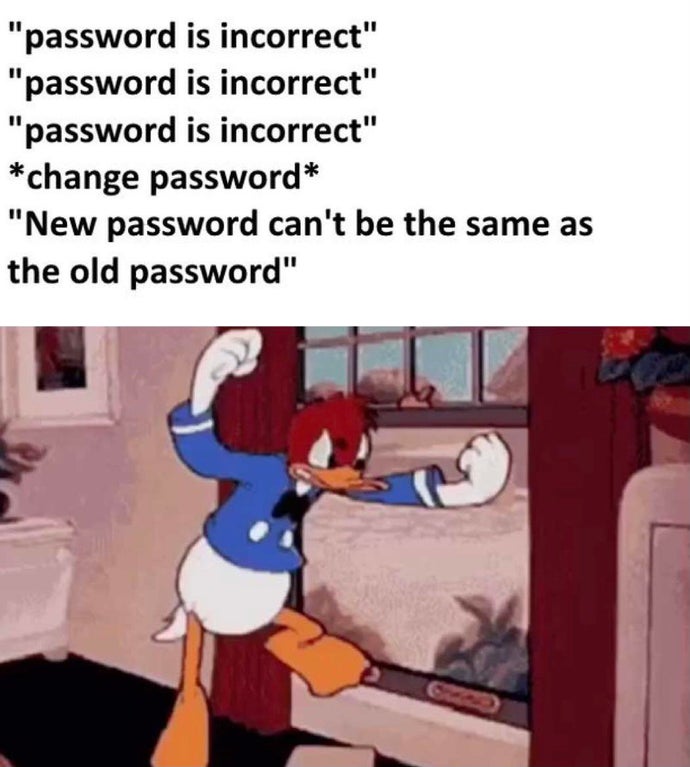 donald duck rage fit - "password is incorrect" "password is incorrect" "password is incorrect" change password "New password can't be the same as the old password"