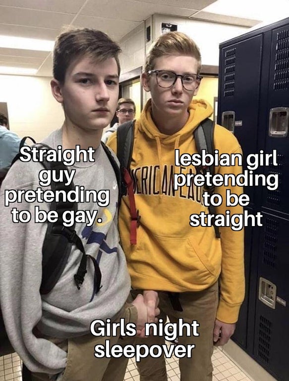 funny memes - crotch handshake meme - Straight guy pretending to be gay. lesbian girl pretending to be straight Girls night sleepover