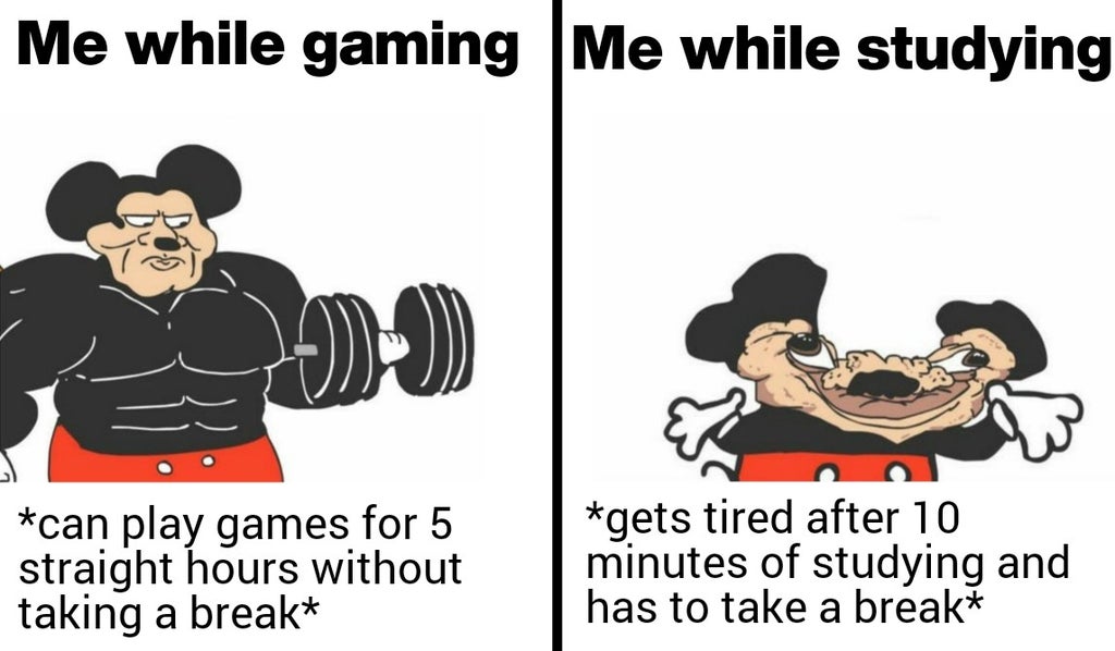 funny memes - strong mickey - Me while gaming Me while studying can play games for 5 straight hours without taking a break gets tired after 10 minutes of studying and has to take a break