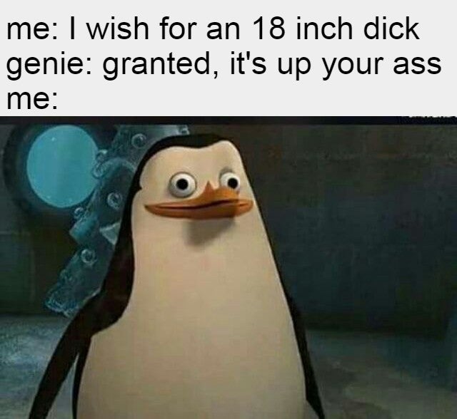 you throw your girl on the bed meme - me I wish for an 18 inch dick genie granted, it's up your ass me