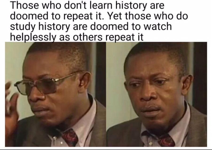 those who learn from history meme - Those who don't learn history are doomed to repeat it. Yet those who do study history are doomed to watch helplessly as others repeat it