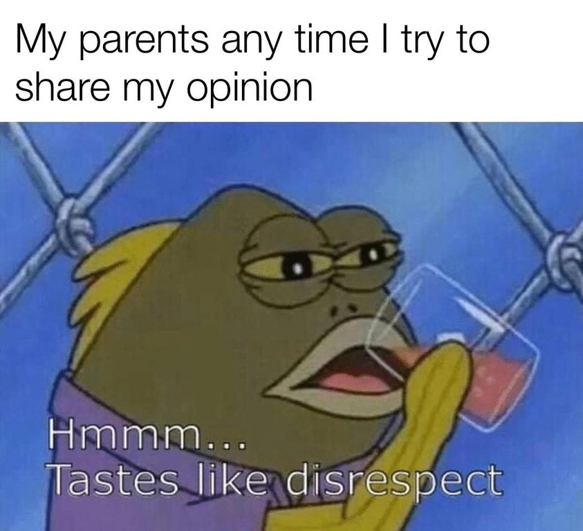 sarcastic funny relatable memes - My parents any time I try to my opinion Hmmm... Tastes disrespect