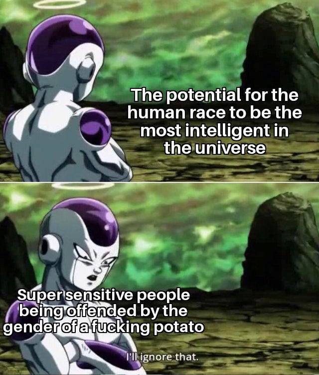 frieza meme - The potential for the human race to be the most intelligent in the universe Super sensitive people being offended by the gender of a fucking potato I'll ignore that.