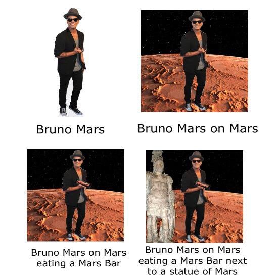 standing - Bruno Mars Bruno Mars on Mars Bruno Mars on Mars eating a Mars Bar Bruno Mars on Mars eating a Mars Bar next to a statue of Mars