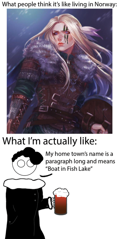 cartoon - What people think it's living in Norway What I'm actually My home town's name is a paragraph long and means "Boat in Fish Lake"