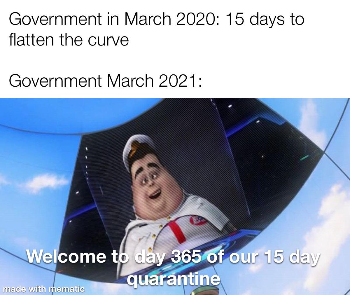 welcome to the 304th day of our two week cruise - Government in 15 days to flatten the curve Government Welcome to day 365 of our 15 day quarantine made with mematic