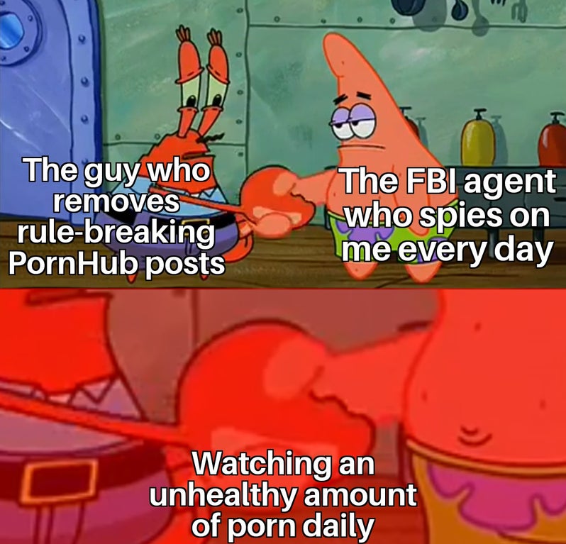 cartoon - The guy who removes rulebreaking PornHub posts The Fbi agent who spies on me every day Watching an unhealthy amount of porn daily
