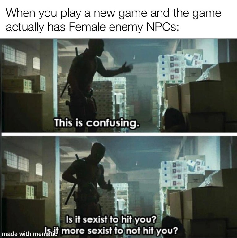 dank memes - presentation - When you play a new game and the game actually has Female enemy NPCs This is confusing. Is it sexist to hit you? made with merltit more sexist to not hit you?