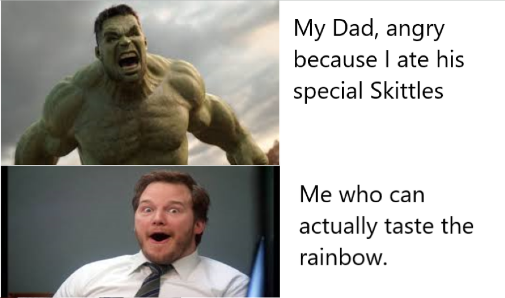 dank memes - photo caption - My Dad, angry because I ate his special Skittles Me who can actually taste the rainbow.