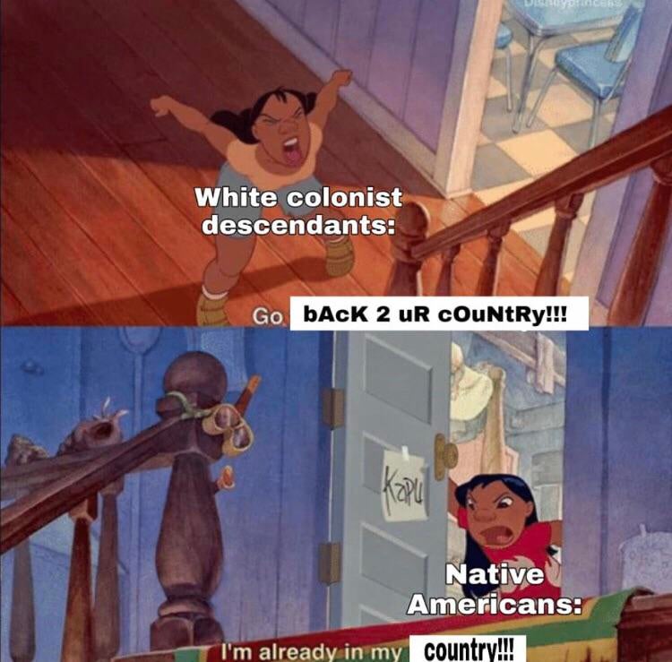 dank memes - lilo and stitch go to your room meme - White colonist descendants Go bAcK 2 Ur COUNTRy!!! Kapu Native Americans I'm already in my country!!!