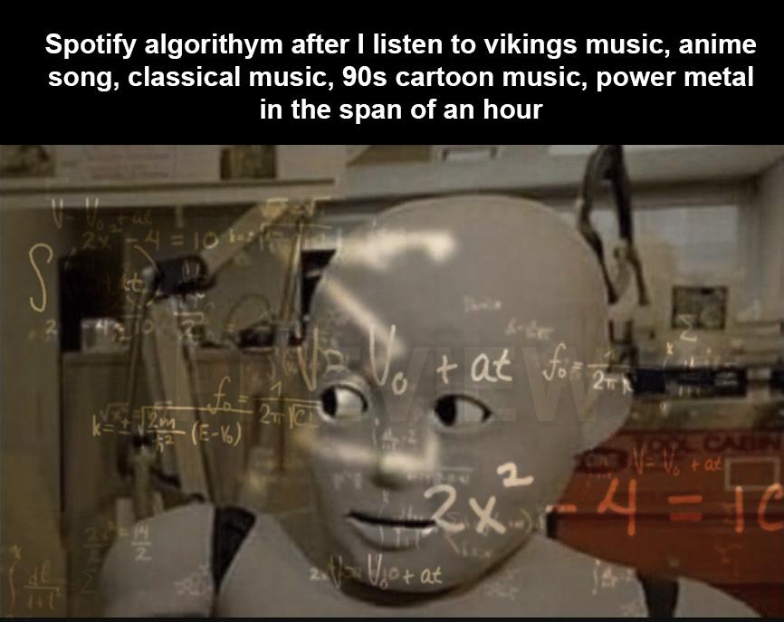 scary robots - Spotify algorithym after I listen to vikings music, anime song, classical music, 90s cartoon music, power metal in the span of an hour 24 4 10 key S lot at for 2 2T for J2m Evo 2tlen tat 2 2xor4 2 2 l Voor at