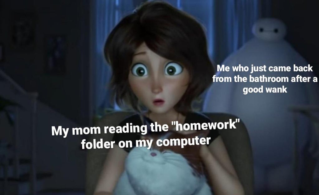 photo caption - Me who just came back from the bathroom after a good wank My mom reading the "homework" folder on my computer