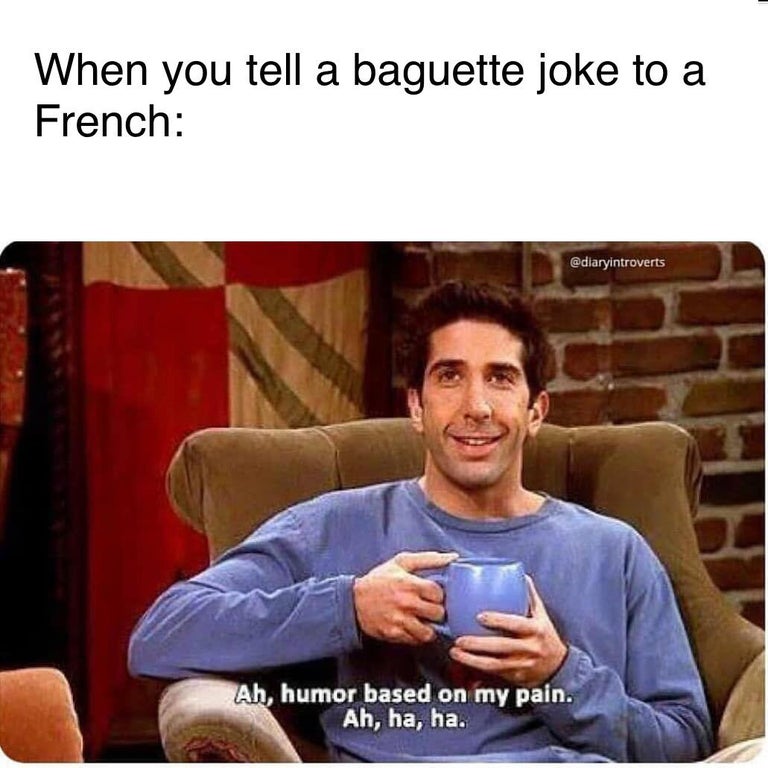 funny memes - When you tell a baguette joke to a French Ah, humor based on my pain. Ah, ha, ha.