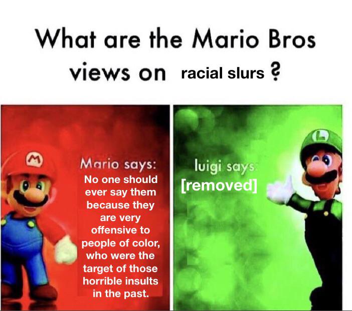 mario and luigi views memes - What are the Mario Bros views on racial slurs ? Mario says luigi says removed No one should ever say them because they are very offensive to people of color, who were the target of those horrible insults in the past.