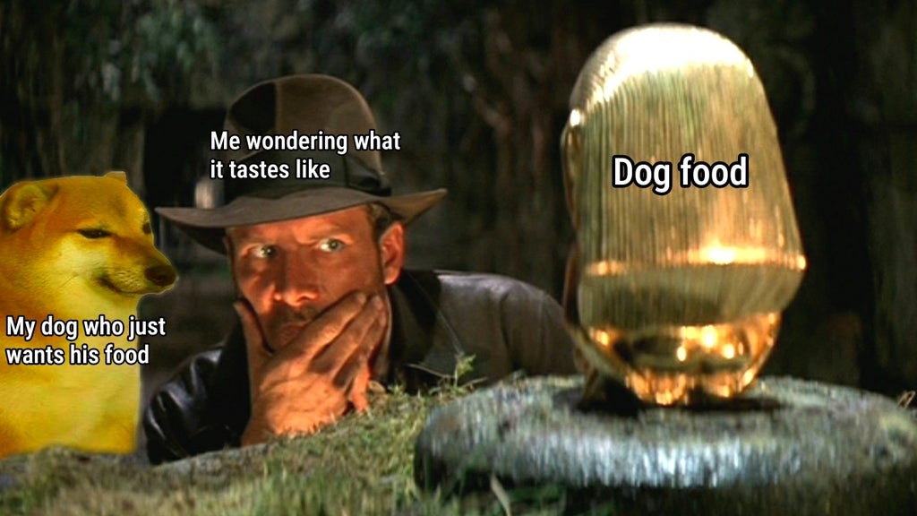 funny memes - Me wondering what it tastes Dog food My dog who just wants his food