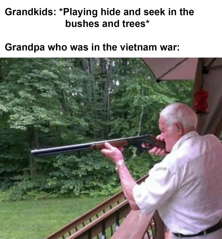 meme grandpa with gun - Grandkids Playing hide and seek in the bushes and trees Grandpa who was in the vietnam war