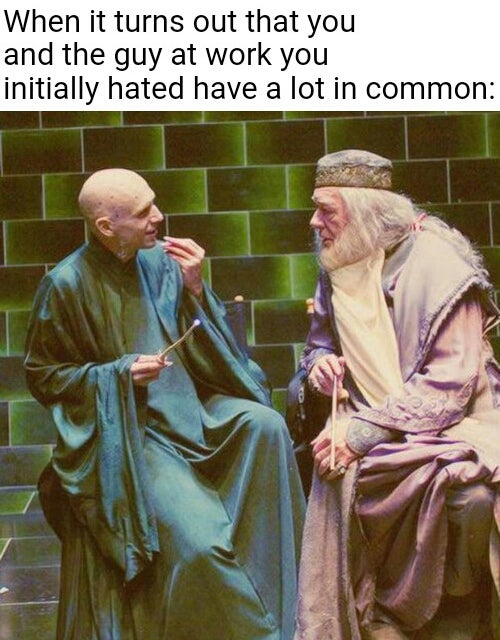 voldemort and dumbledore laugh - When it turns out that you and the guy at work you initially hated have a lot in common ce