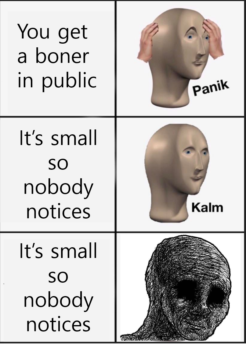 panik kalm meme - You get a boner in public Panik It's small So nobody notices Kalm It's small So nobody notices