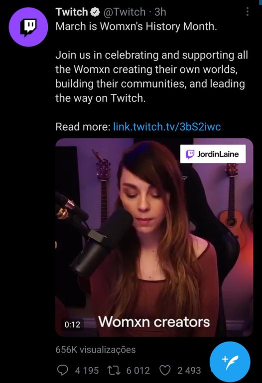 photo caption - Twitch 3h March is Womxn's History Month. Join us in celebrating and supporting all the Womxn creating their own worlds, building their communities, and leading the way on Twitch. Read more link.twitch.tv3bS2iwc Jordin Laine Womxn creators